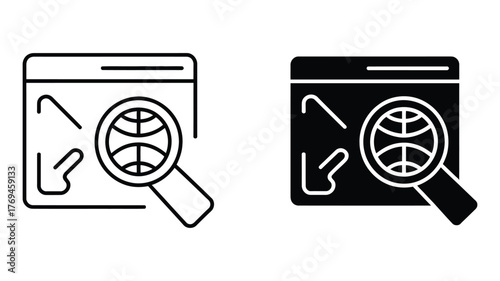 Vector art of Global search icon symbol of internet, website, and worldwide exploration in a linear style for web and app design