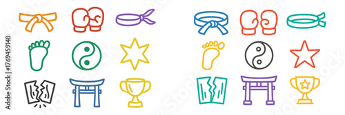 Symbols of martial arts and achievements displayed in vibrant colors reflecting the spirit of training and competition
