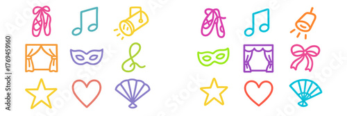 Colorful illustrations of ballet and music themed elements for a dance recital or performance
