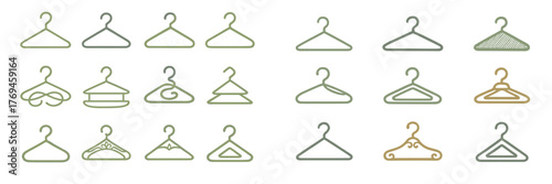 Different designs of clothing hangers displayed, showcasing various styles and shapes for organizing garments efficiently