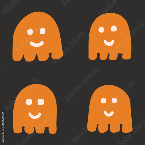 Cute smiling baby ghosts lined up, forming a minimalist Halloween spooky scene in colors of orange and off white in black background. Holiday seamless vector pattern. Great for home decor, fabric, etc