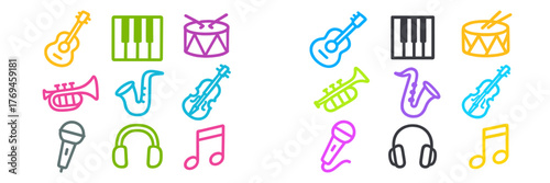Colorful music icons featuring various instruments and sound elements arranged in two groups displayed on a white background