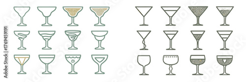 Creative cocktail glass designs showcasing various drinks and styles for a festive occasion or bar menu