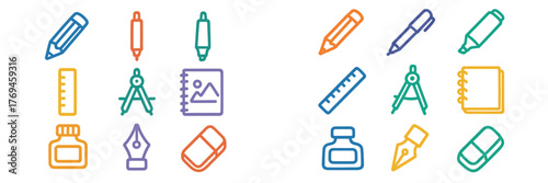 Variety of colorful school stationery and drawing tools arranged in an organized layout for educational use