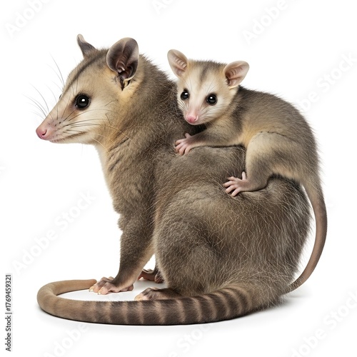 Adorable baby opossum riding on its mother's back, isolated on white background, showcasing maternal love, perfect for heartwarming stories and wildlife education