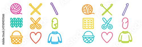 Colorful knitting and crochet illustrations featuring crafting supplies, yarn, and handmade items in a playful arrangement