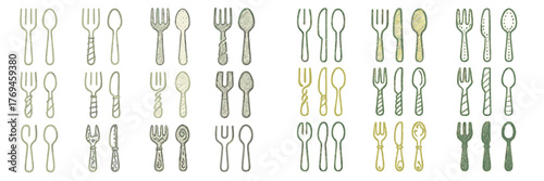 Creative arrangement of cutlery illustrations showcasing various designs and shapes in a grid layout