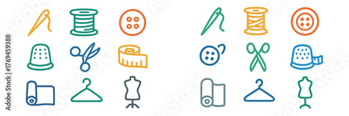 Sewing tools and materials collection illustrated with colorful icons for crafting and quilting enthusiasts