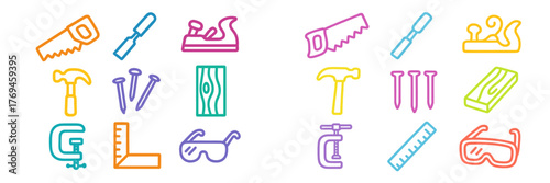 Colorful outline icons representing various woodworking tools and equipment placed against a white background