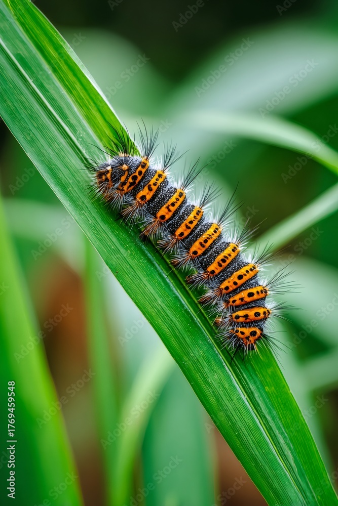 Fototapeta premium Hairy caterpillar crawling on green leaf in nature