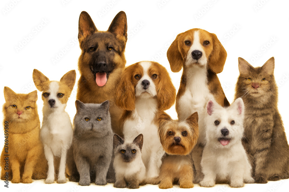 Obraz premium Group of diverse dogs and cats representing friendship, companionship, and pet ownership on transparent background