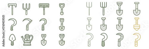 Various gardening tools illustrated in simple designs for outdoor activities and gardening tasks
