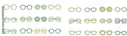 Unique collection of green-tinted eyeglasses showcasing various styles and designs in a vibrant display