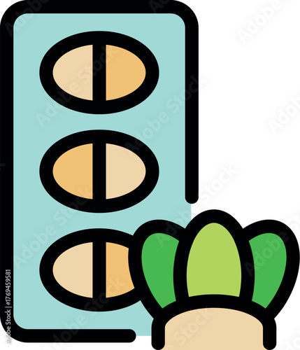 Blister pack of pills with a medicinal herb representing natural remedies and alternative medicine