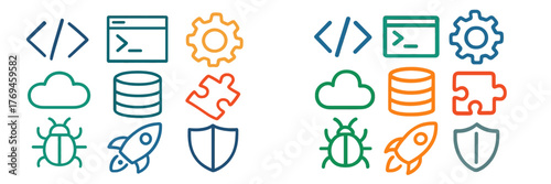 Colorful icons representing coding, technology, and digital solutions for modern software development