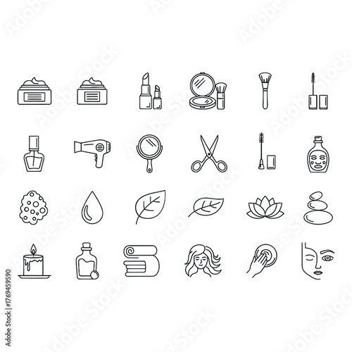 Beauty and spa doodle vector pack this set includes cream, lipstick, mirror, brush