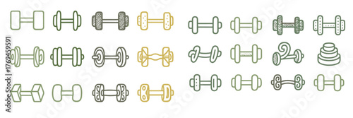 Collection of diverse dumbbell and weight illustrations showcasing various designs and styles for fitness enthusiasts