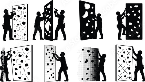 Silhouette vector illustration of workers installing and inspecting climbing walls with holds, safety, teamwork, training, sport, recreation, fitness, and industry