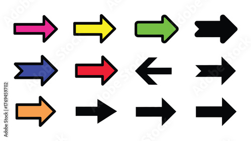 Collection of colorful arrows, pointing in different directions, vector illustration for design and decoration, various shapes and styles