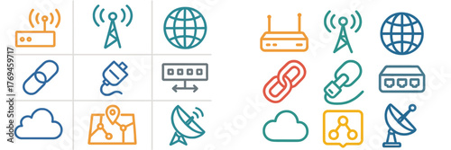 Various connectivity icons representing technology and communication networks in a grid layout