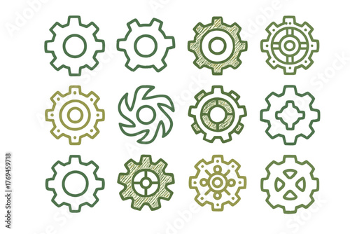 Unique collection of gear icons featuring various designs and styles in green shades suitable for technology themes