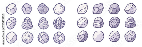 Different types of rocks and minerals displayed in a creative arrangement on a white background, showcasing textures and shapes