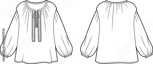 Women’s peasant blouse fashion flat sketch, long sleeve tunic top design, vector technical drawing, boho shirt illustration, sewing pattern template, apparel design