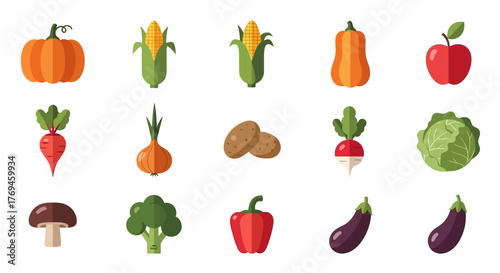 Set of Colorful Flat Design Vegetable and Fruit Icons.