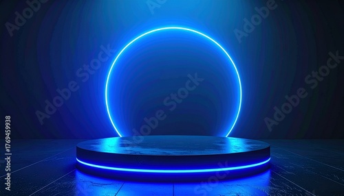 Background podium 3D light neon blue platform stage product abstract. Scene background 3D podium dark pedestal room glow studio empty stand floor night modern circle show 