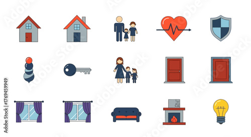 Set of Colorful Icons for Home Family and Security.