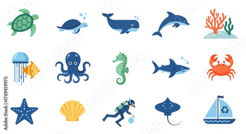 Set of cute cartoon marine animals and underwater elements.