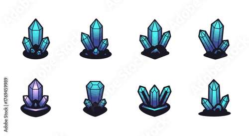 Set of eight glowing blue and purple crystal clusters illustration.