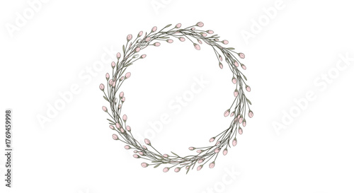 Hand-drawn botanical wreath with delicate pink flower buds and green leaves, perfect for elegant designs and invitations.