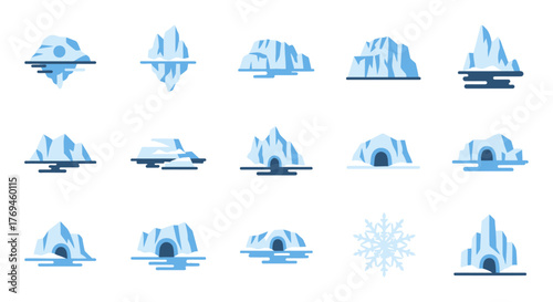 Set of Iceberg and Ice Cave Illustrations.