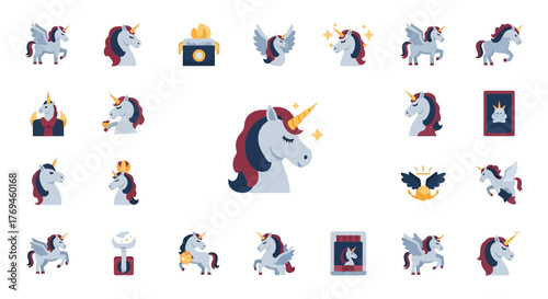 Set of magical unicorn and pegasus fantasy icons.