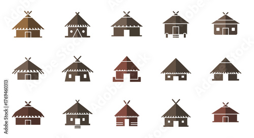 Set of traditional tribal huts and indigenous houses icons.