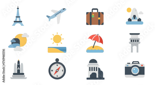 Set of Twelve Modern Travel and Vacation Vector Icons.
