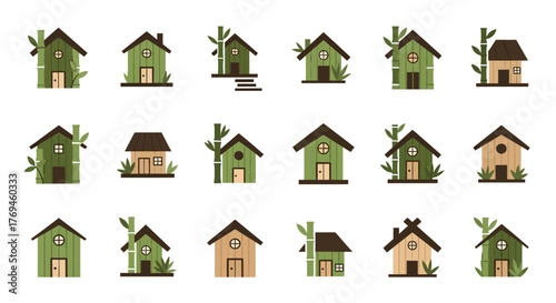 Set of various green eco friendly house illustrations.