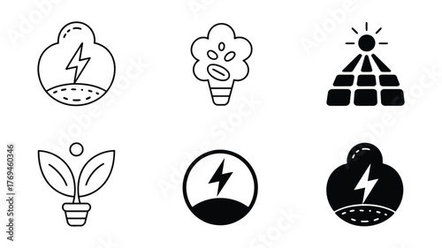 Vector Set of renewable energy icons, representing sustainable power sources and environmental conservation efforts