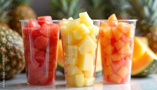 Three plastic cups hold cubed watermelon, pineapple, cantaloupe. Whole fruits like pineapple, melon pieces visible in background, suggesting fresh market display of healthy, colorful, sweet summer