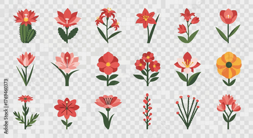 Set of various red and orange flowers with green stems and leaves.