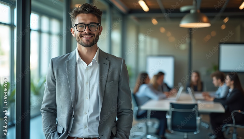 Fototapeta premium Young businessman poses in office. Man wears suit and glasses. Group sits at table on background. Happy worker smiles looking to camera. Confident leader shows success at job indoors.