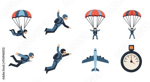 Skydivers in various stages of freefall and parachute deployment with airplane and stopwatch.