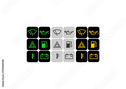 A set of car dashboard warning lights and indicator icons shown in three states: active (green/yellow), inactive (gray), and a mix, arranged in a grid on a white background.