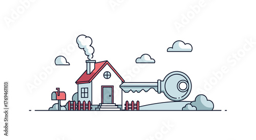 A large, stylized key stands beside a cozy house with a smoking chimney, symbolizing home ownership, real estate, and property.