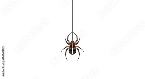 Stylized illustration of a colorful spider with a striped abdomen suspended by its silk thread, isolated on a white background.