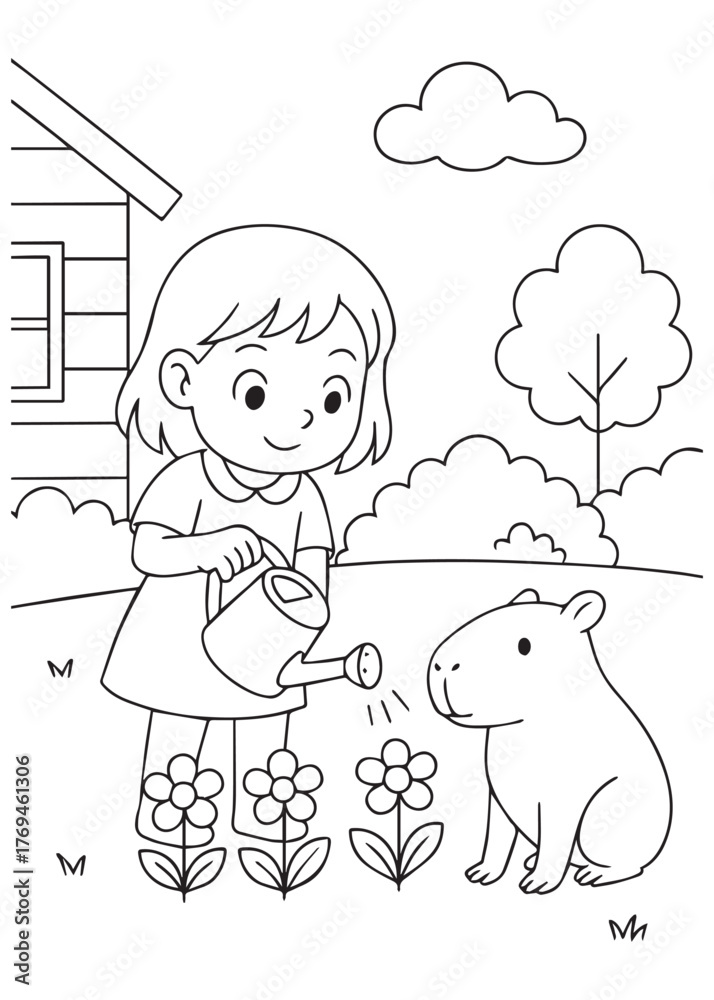 Obraz premium coloring book girl watering flowers with capybara watching