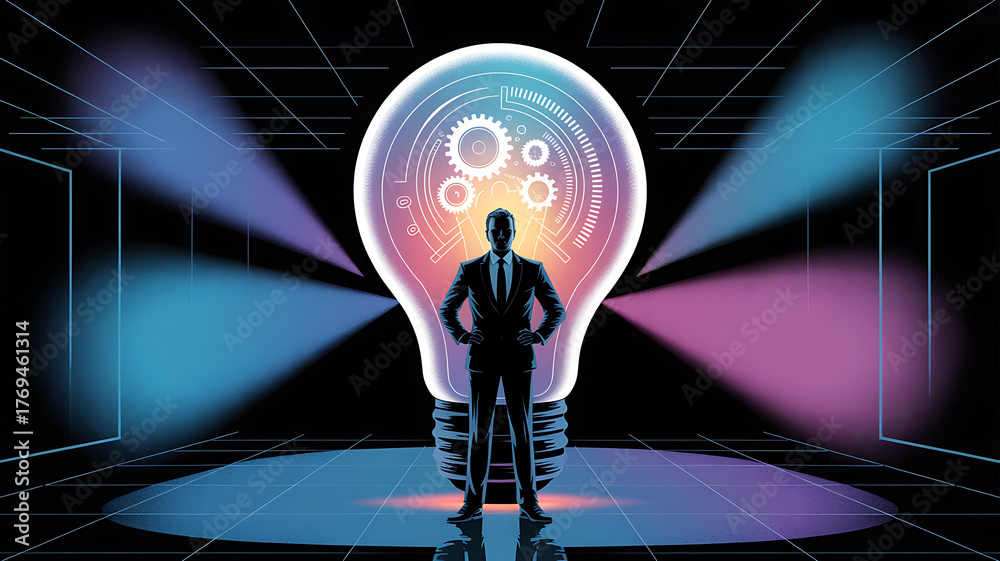 Fototapeta premium Silhouette of a man standing inside a glowing lightbulb with colorful beams of light emanating outwards