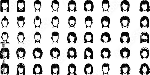 Hairstyle silhouette icons, black and white vector heads, diverse haircuts, fashion design elements, character creation set, minimalist grid layout