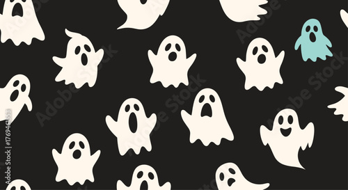 Whimsical Halloween pattern featuring friendly white and a single blue ghost with expressive faces against a dark black backdrop.